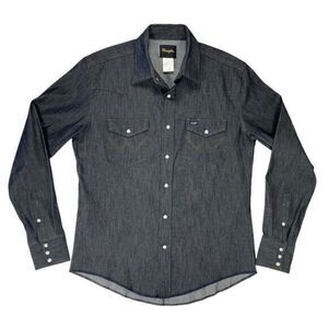 Wrangler Denim Shirt Men Size XL Dark Blue Wash Western Cowboy Pearl Snap Button